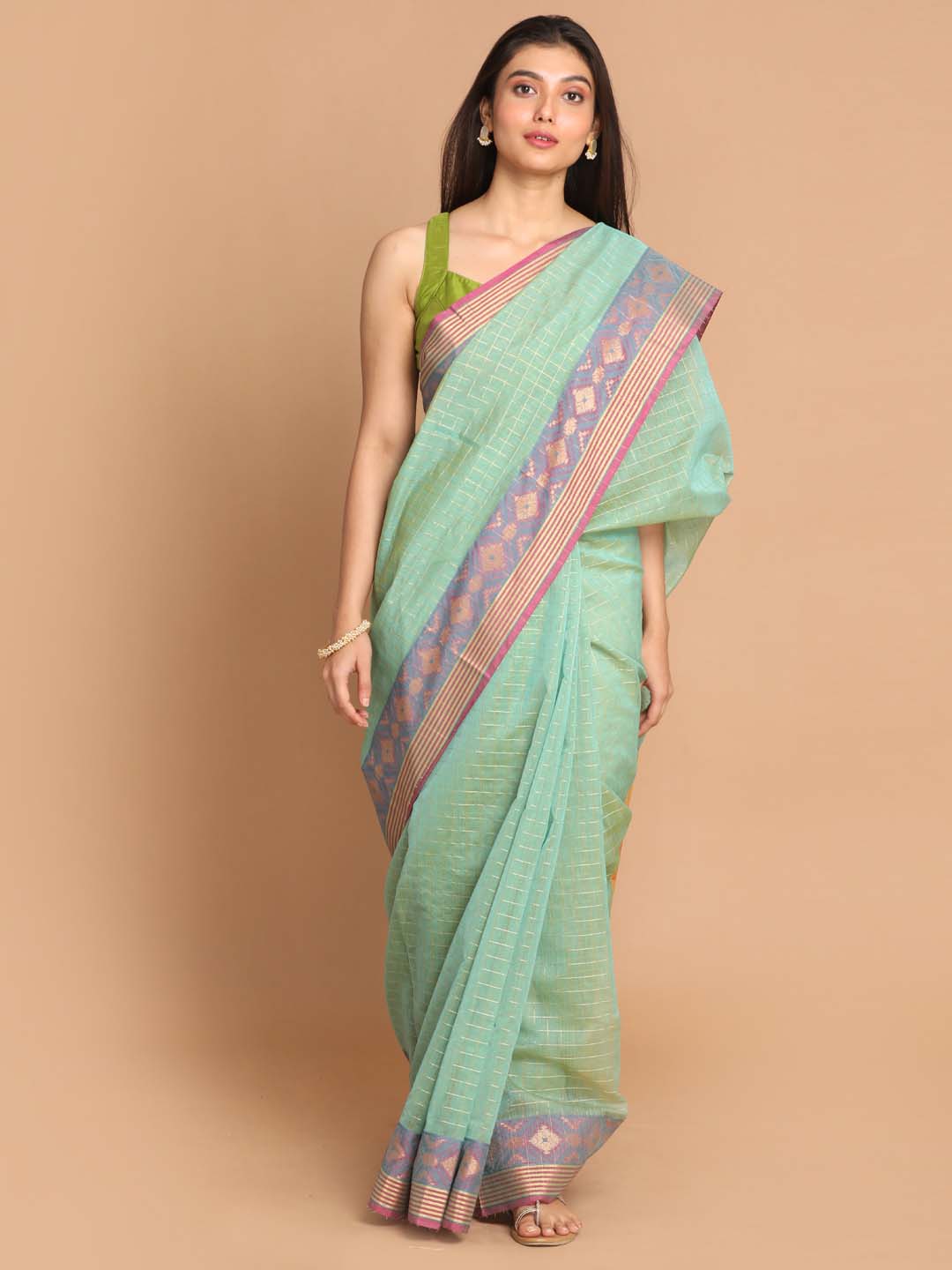 Indethnic Banarasi Sea Green Checked Daily Wear Saree - View 1