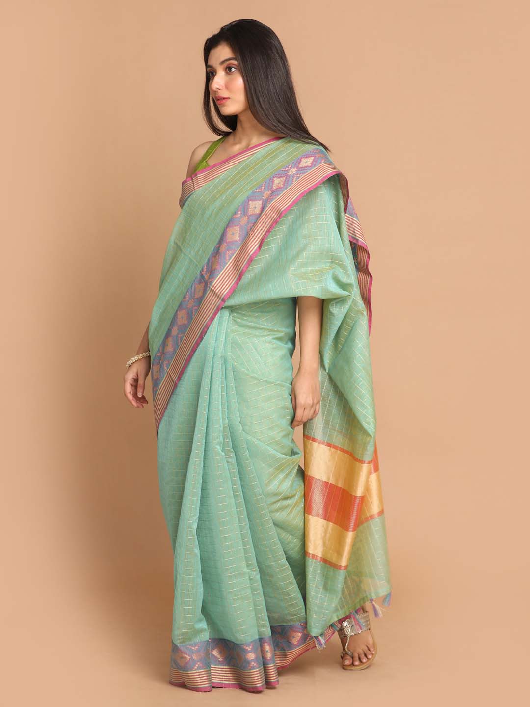 Indethnic Banarasi Sea Green Checked Daily Wear Saree - View 2