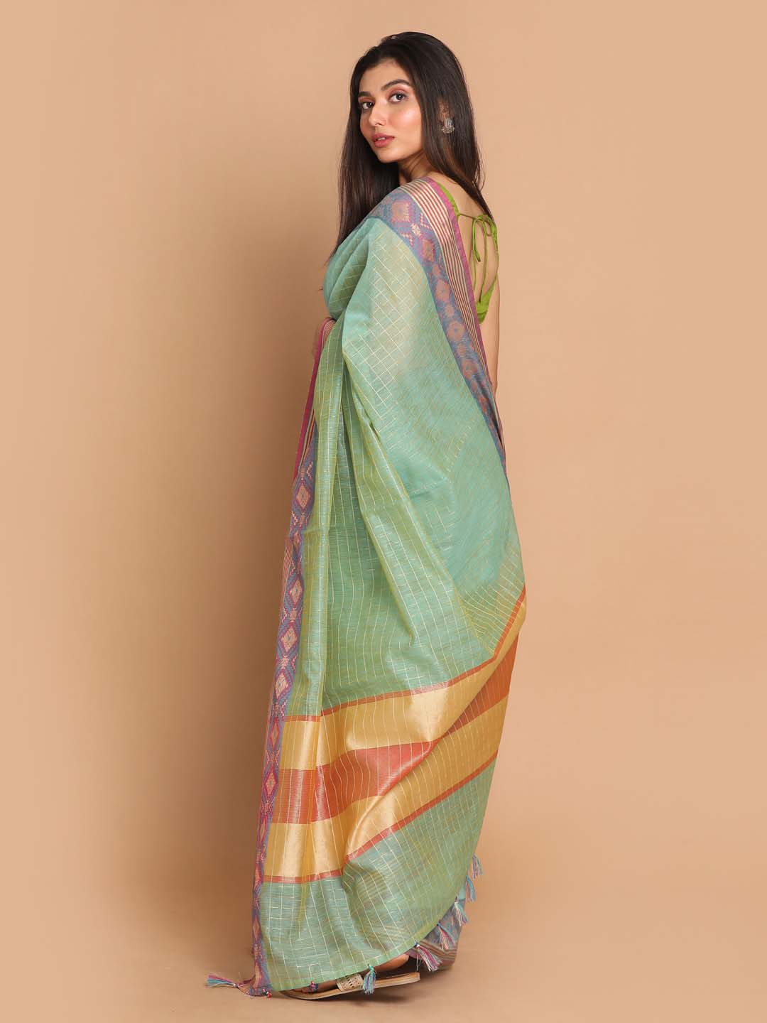 Indethnic Banarasi Sea Green Checked Daily Wear Saree - View 3