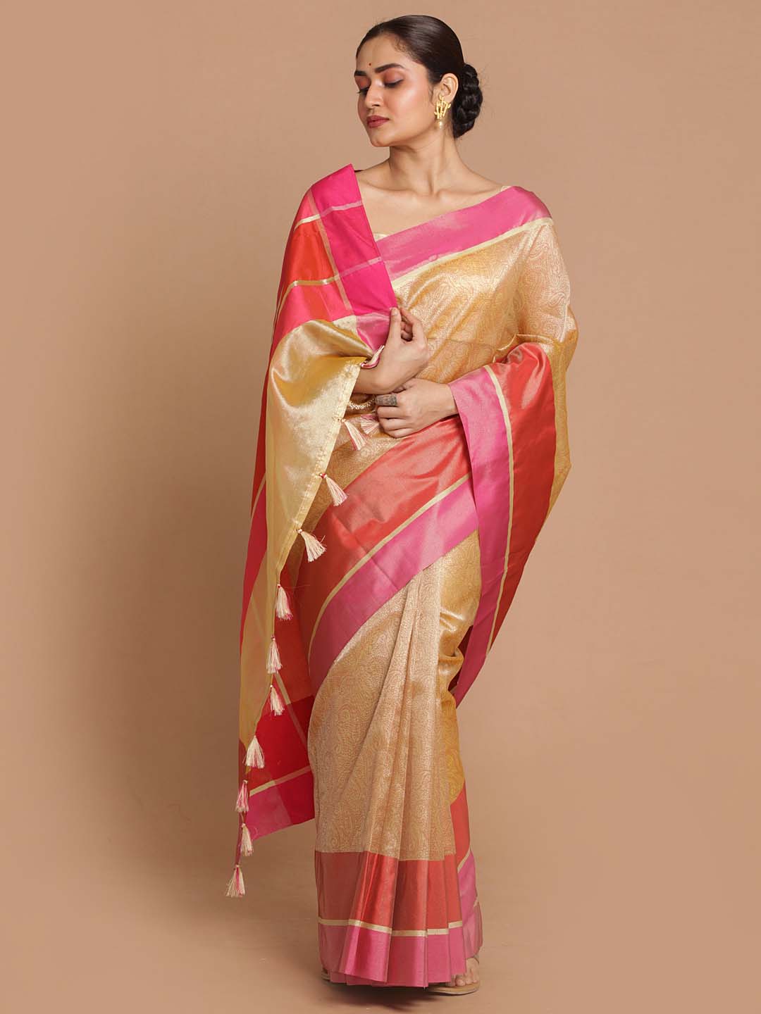 Indethnic Banarasi Silver Printed Daily Wear Saree - View 1