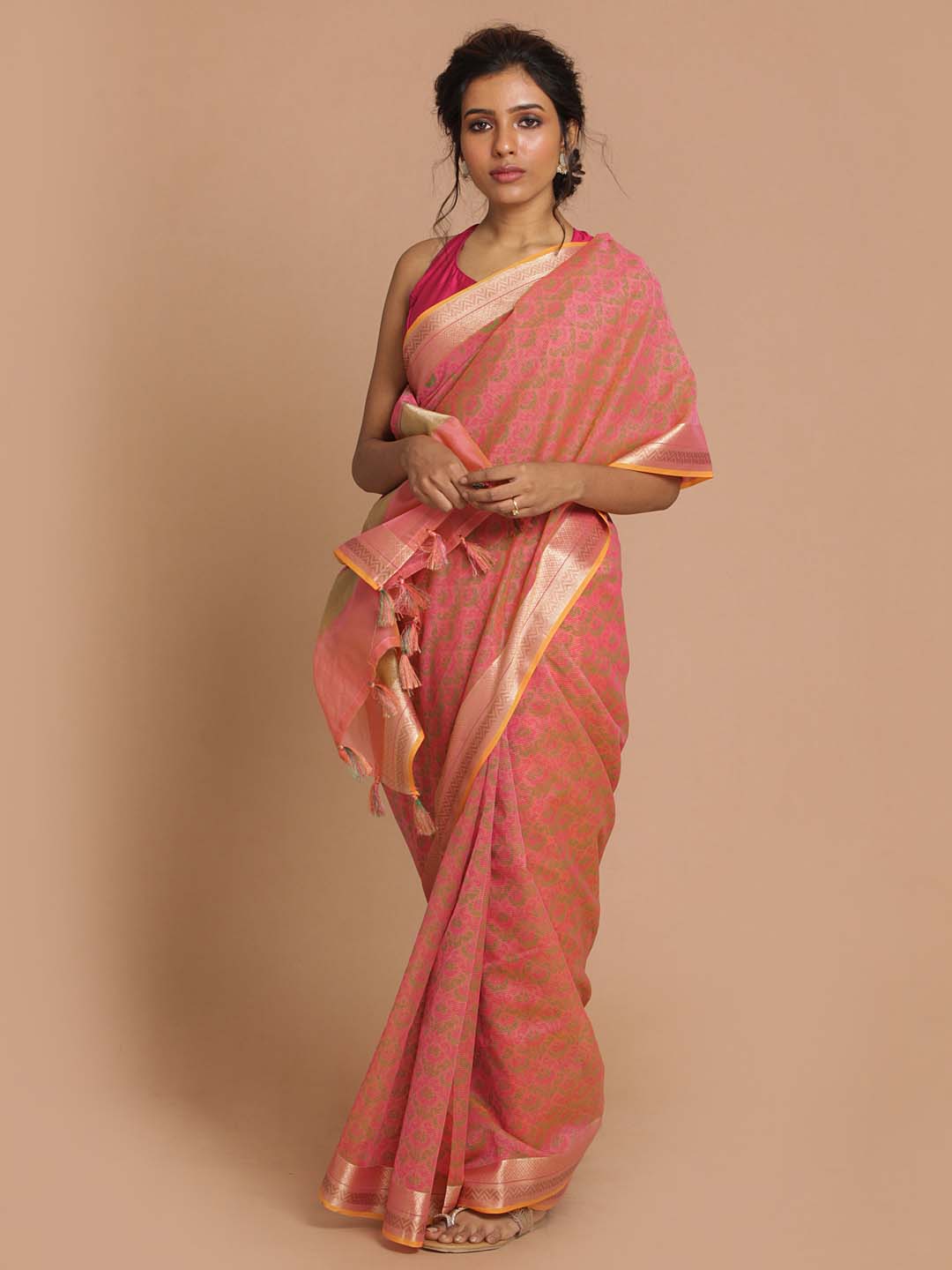 Indethnic Banarasi Pink Printed Daily Wear Saree - View 1