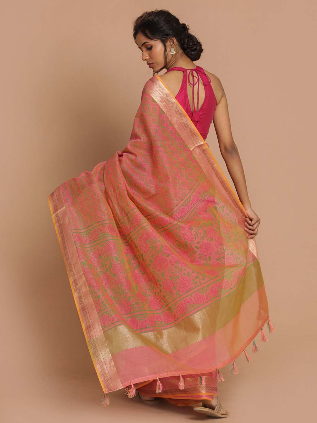 Indethnic Banarasi Pink Printed Daily Wear Saree - View 3
