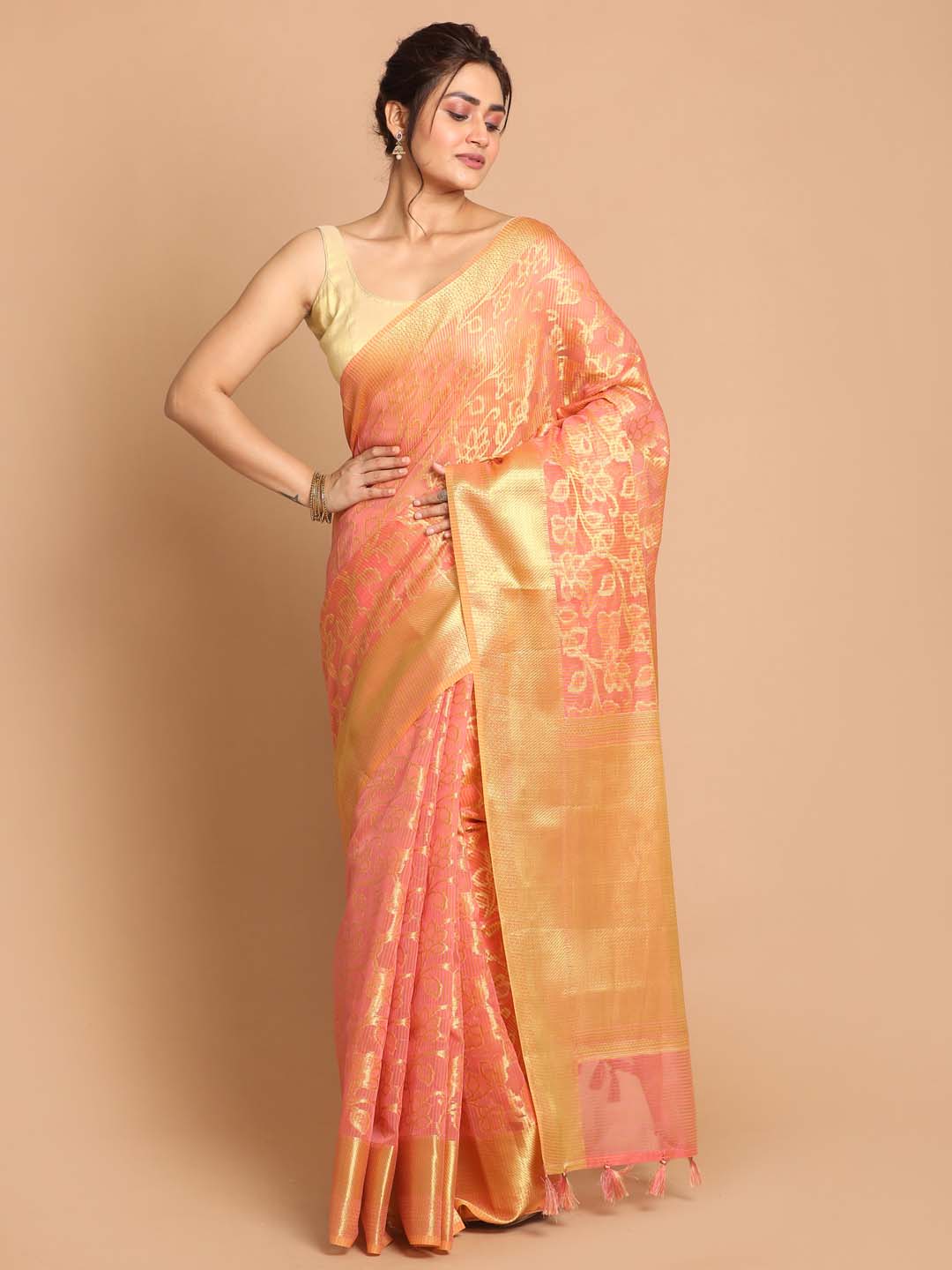 Indethnic Banarasi Pink Woven Design Daily Wear Saree - View 1