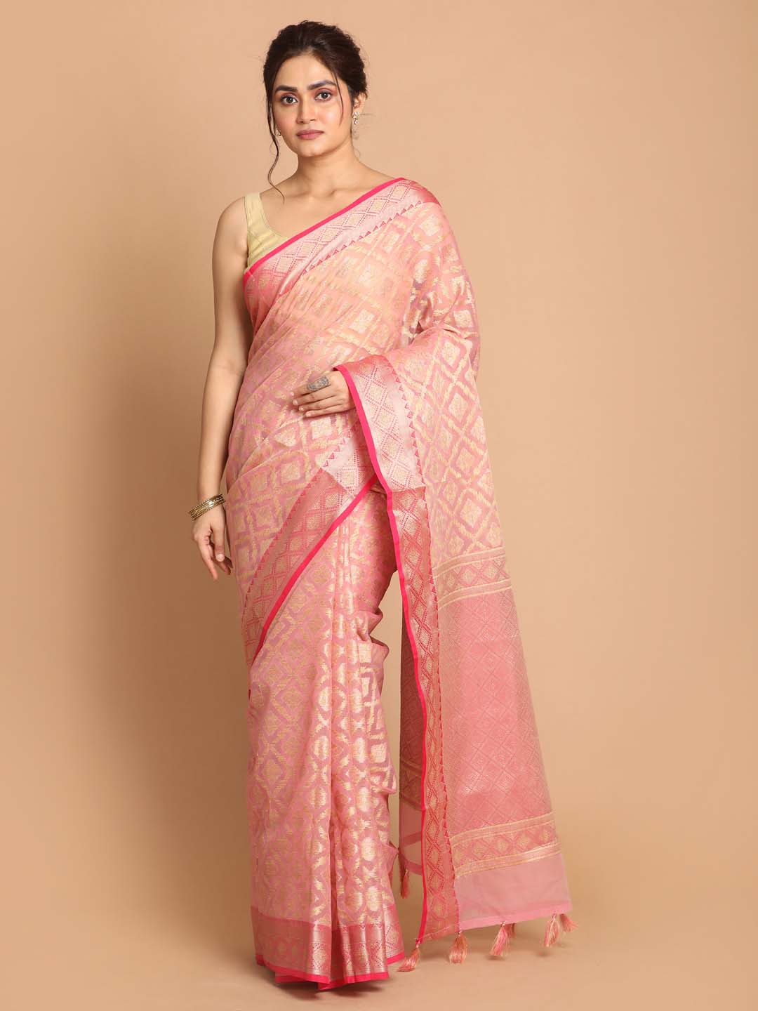 Indethnic Banarasi Pink Woven Design Festive Wear Saree - View 1