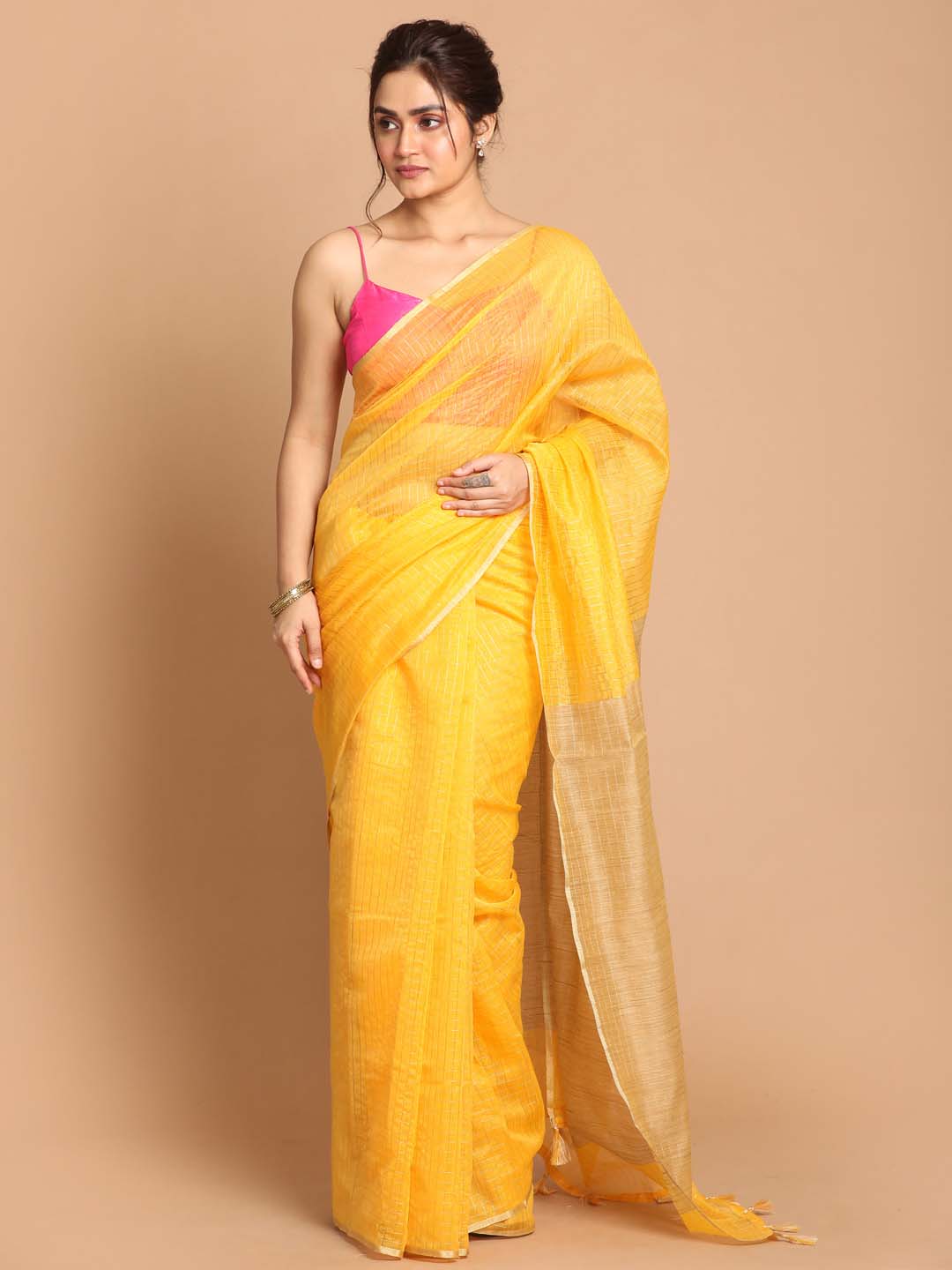 Indethnic Banarasi Yellow Checked Daily Wear Saree - View 1