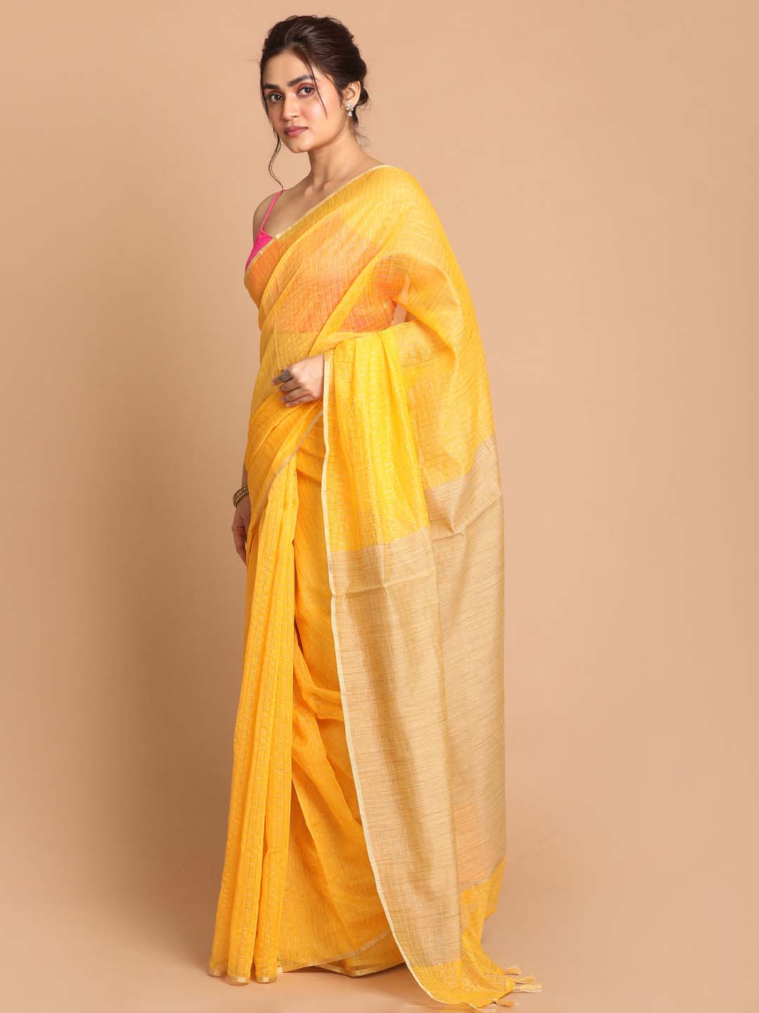 Indethnic Banarasi Yellow Checked Daily Wear Saree - View 2