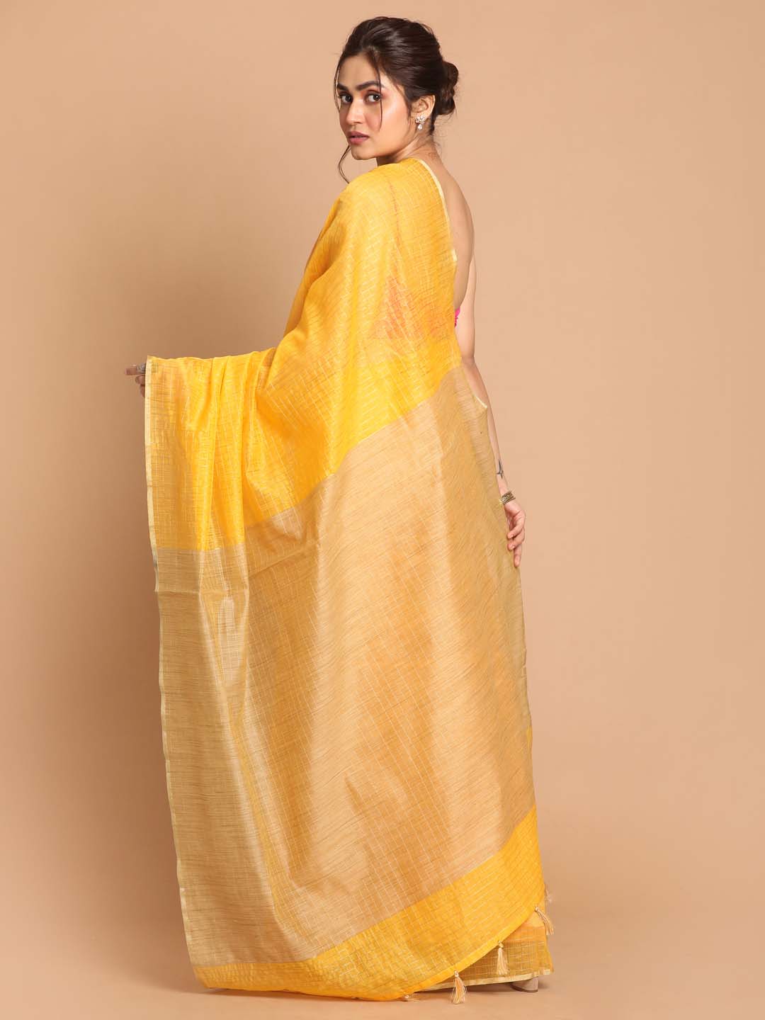 Indethnic Banarasi Yellow Checked Daily Wear Saree - View 3