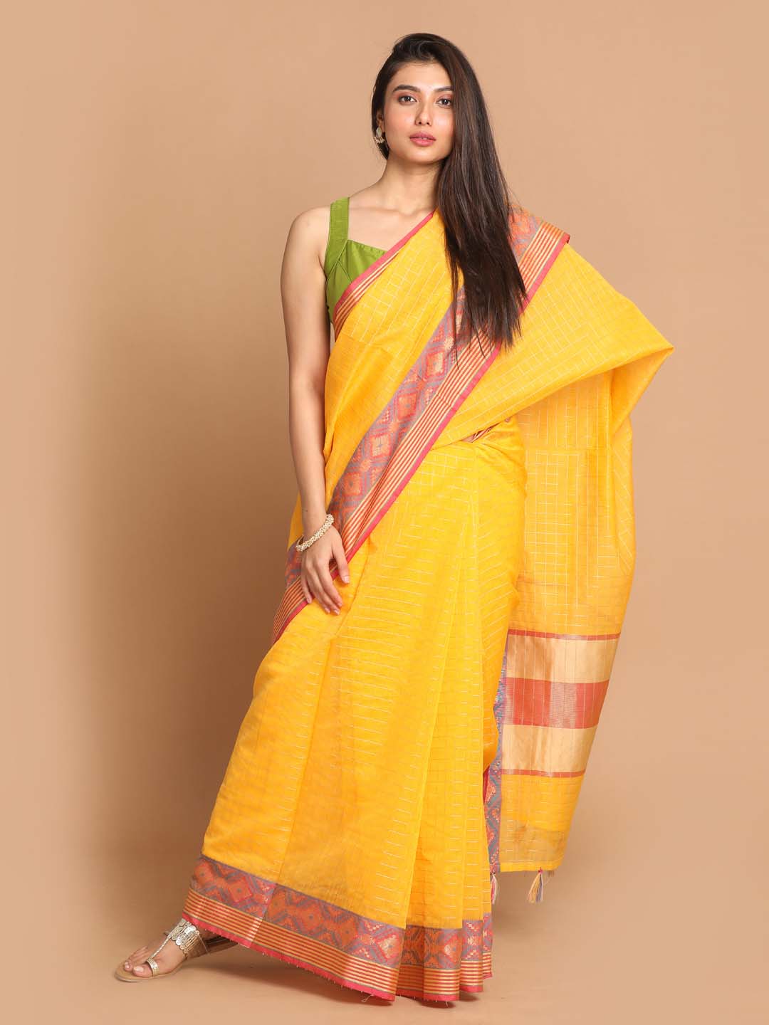 Indethnic Banarasi Yellow Checked Daily Wear Saree - View 1