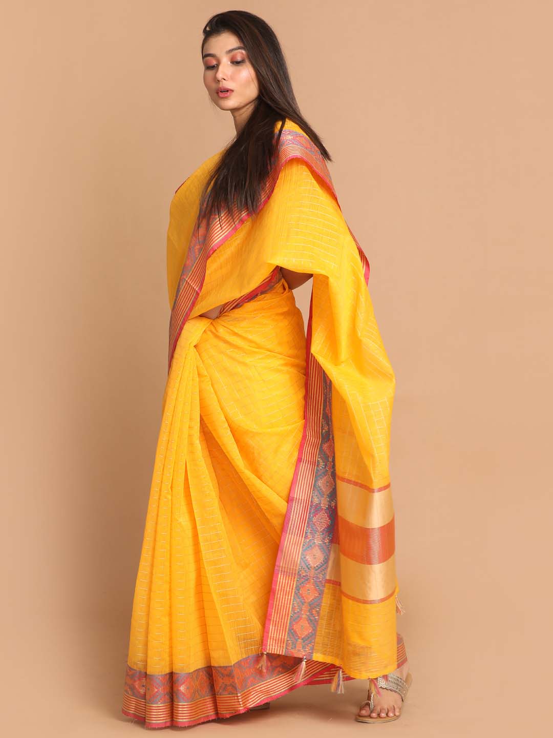 Indethnic Banarasi Yellow Checked Daily Wear Saree - View 2