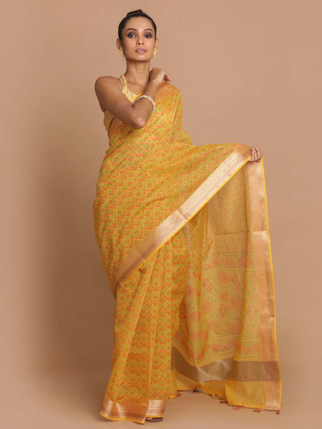 Indethnic Banarasi Yellow Printed Daily Wear Saree - View 1