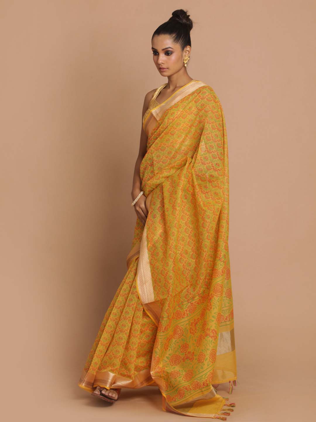 Indethnic Banarasi Yellow Printed Daily Wear Saree - View 2