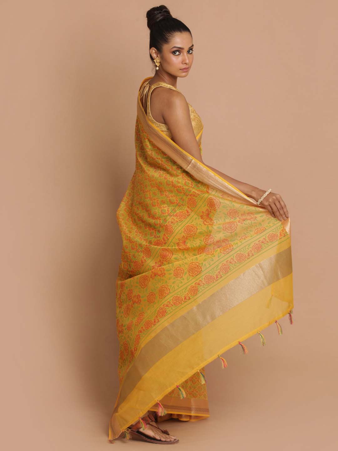 Indethnic Banarasi Yellow Printed Daily Wear Saree - View 3