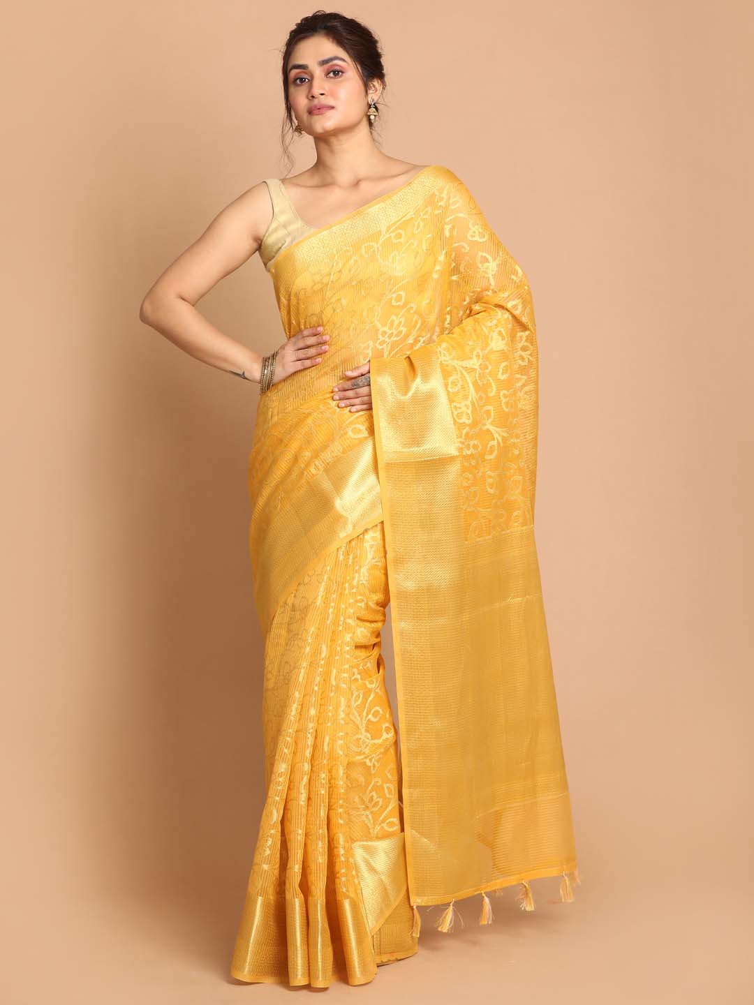 Indethnic Banarasi Yellow Woven Design Daily Wear Saree - View 1