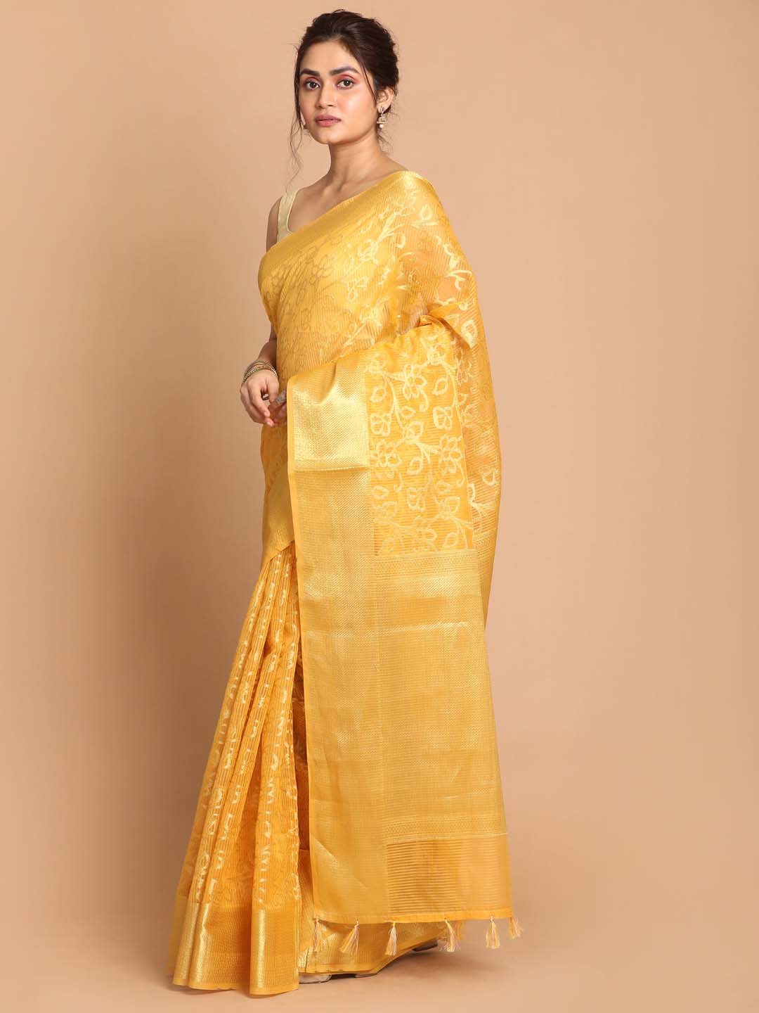 Indethnic Banarasi Yellow Woven Design Daily Wear Saree - View 2