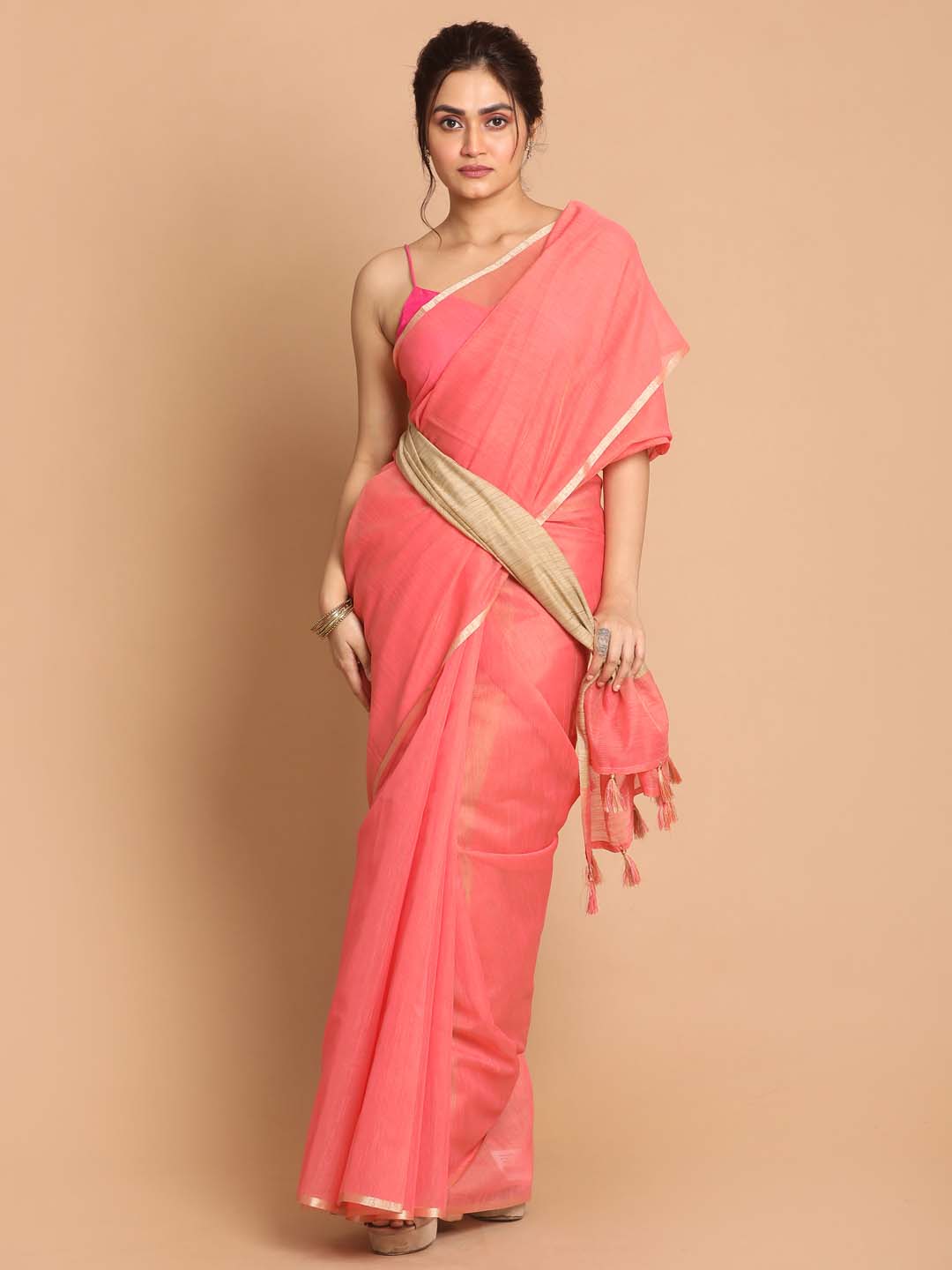 Indethnic Banarasi Fuchsia Solid Daily Wear Saree - View 1