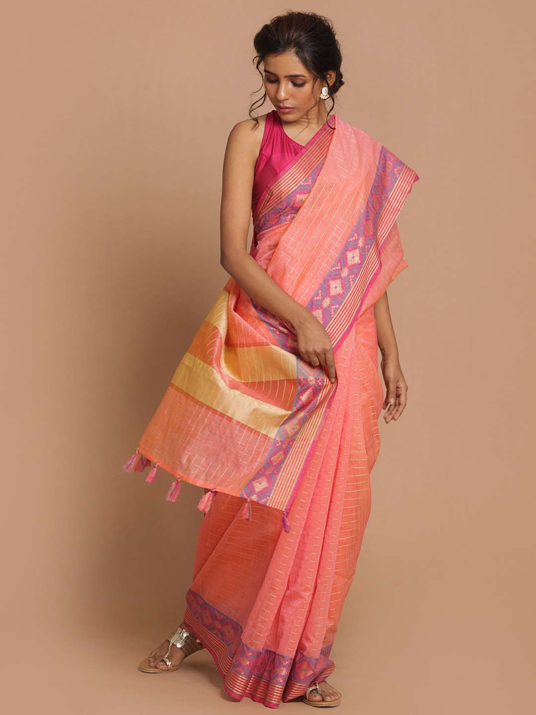 Indethnic Banarasi Fuchsia Checked Daily Wear Saree - View 1