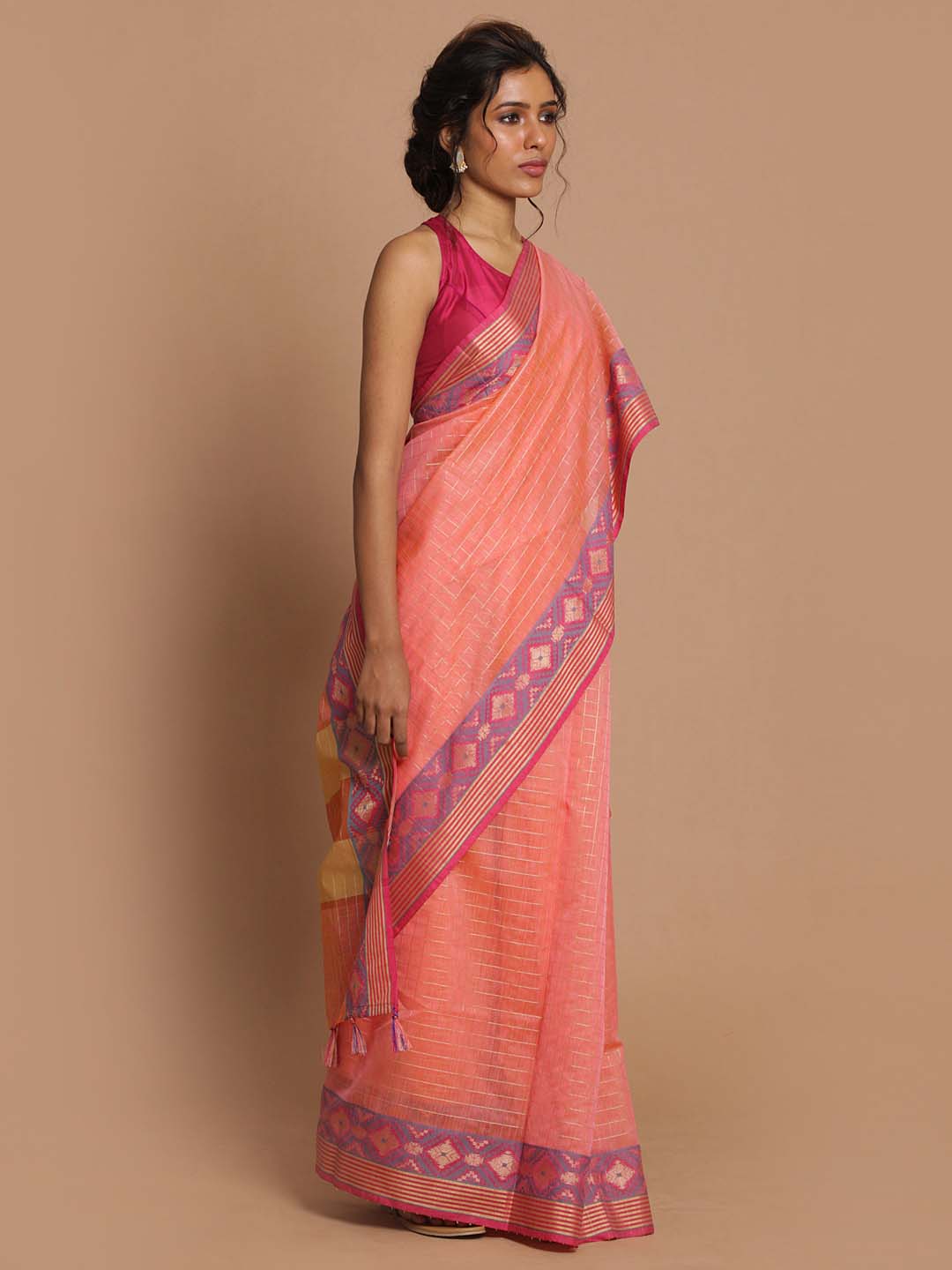 Indethnic Banarasi Fuchsia Checked Daily Wear Saree - View 2