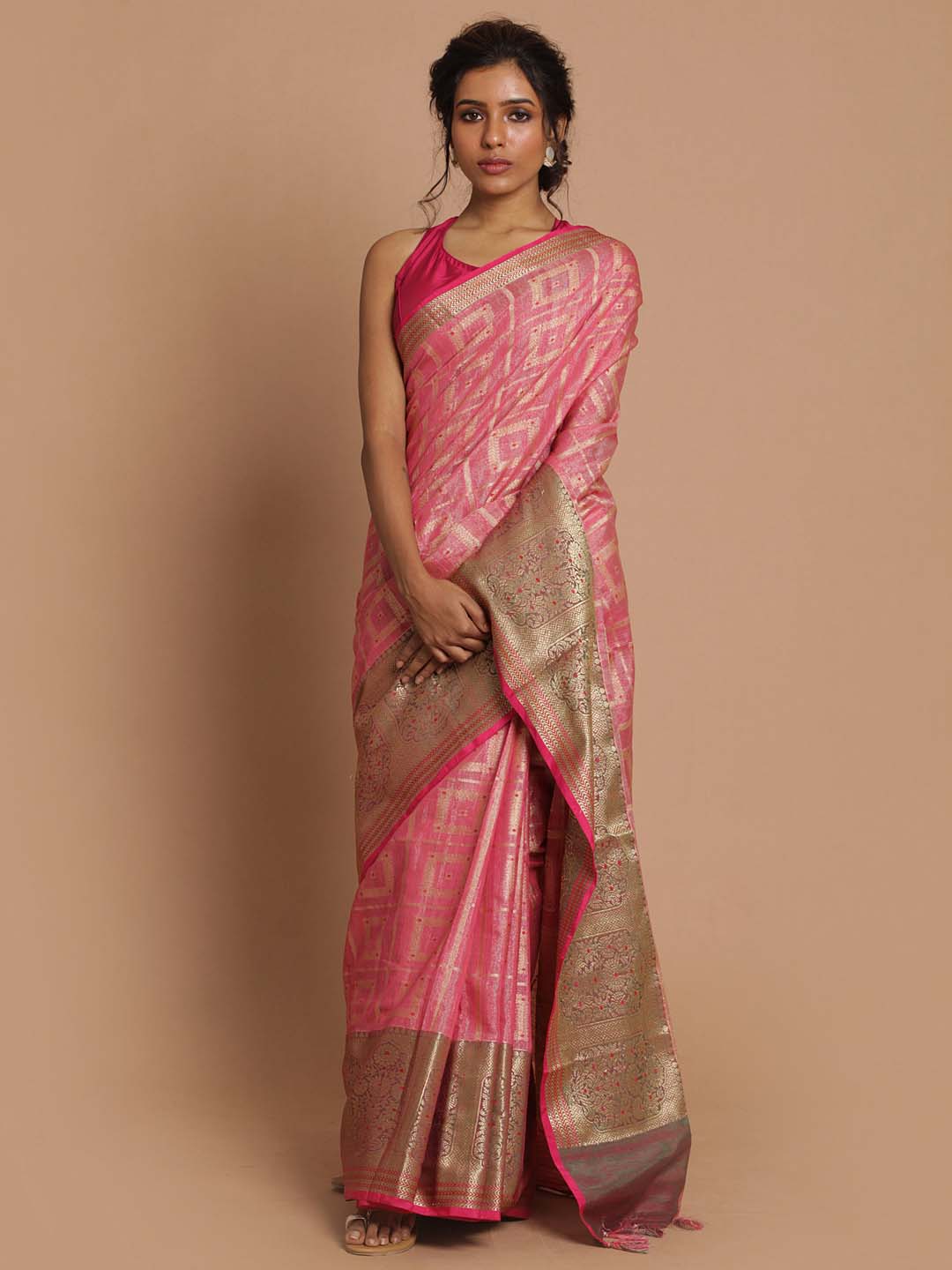 Indethnic Banarasi Fuchsia Woven Design Festive Wear Saree - View 1