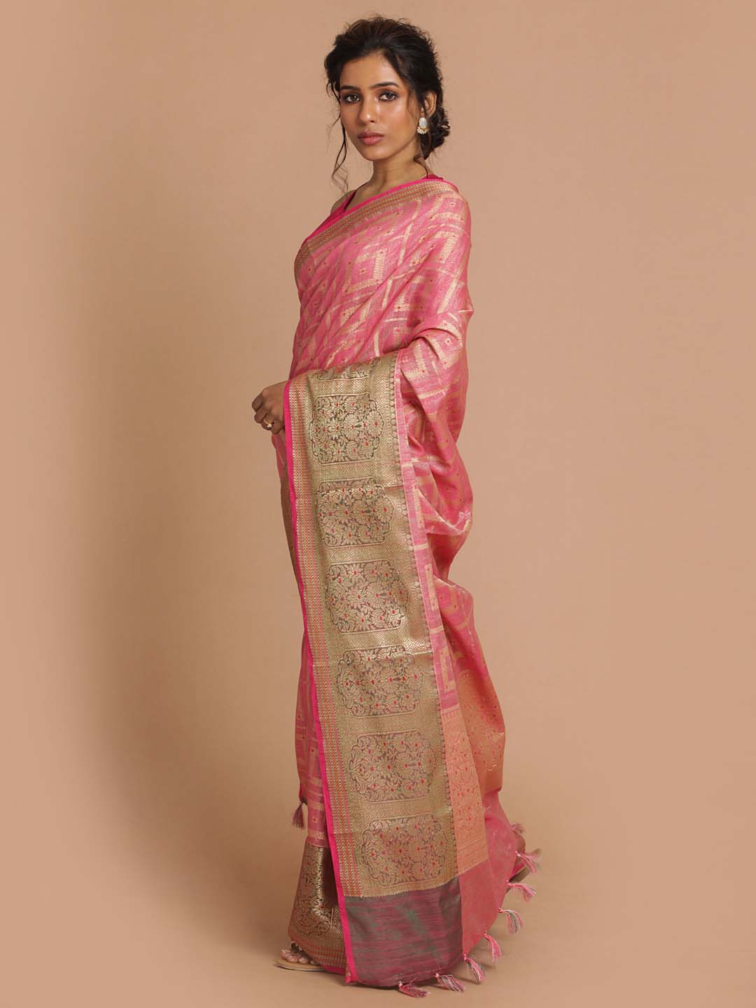 Indethnic Banarasi Fuchsia Woven Design Festive Wear Saree - View 2