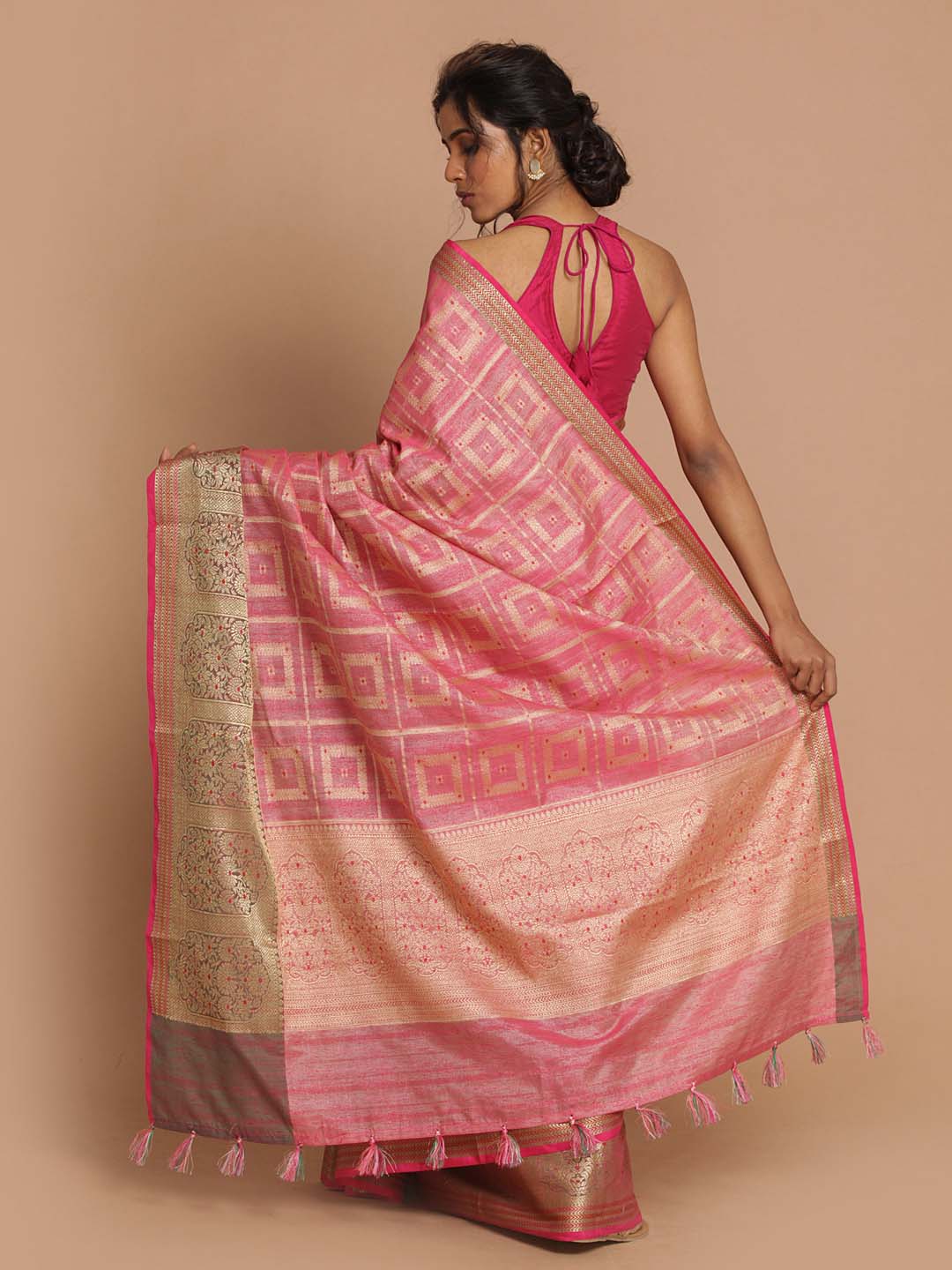 Indethnic Banarasi Fuchsia Woven Design Festive Wear Saree - View 3