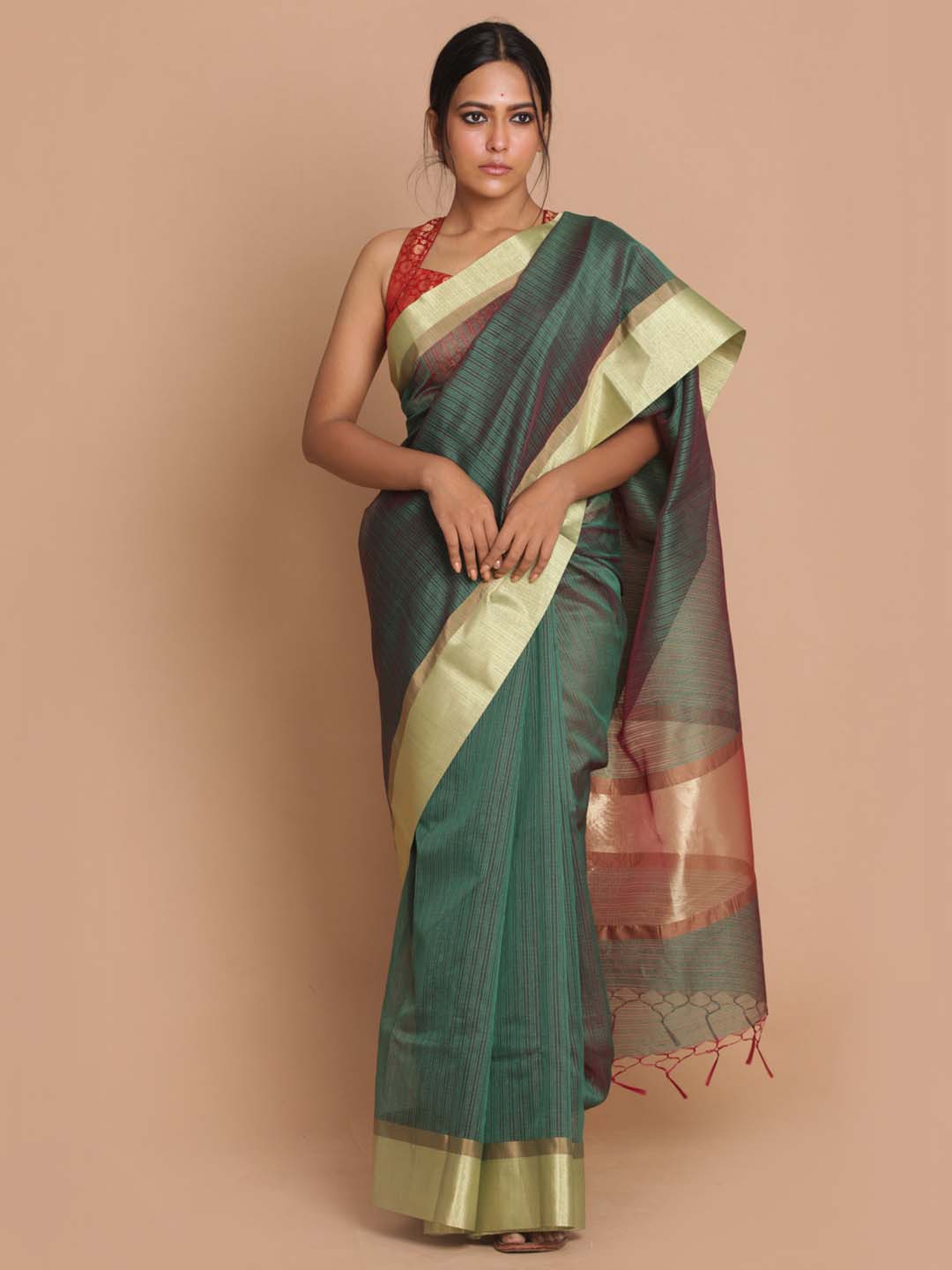 Indethnic Banarasi Bottle Green Checked Daily Wear Saree - View 1