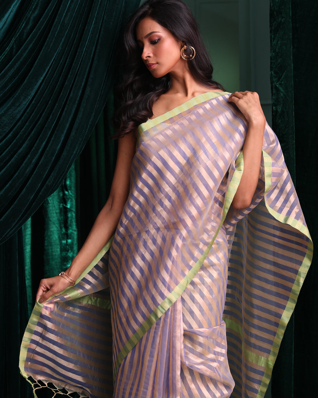 Banarasi Blue Striped Woven Design Festive Wear Saree