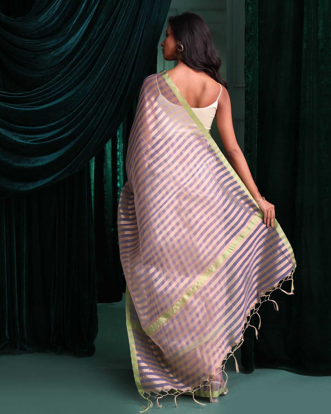 Banarasi Blue Striped Woven Design Festive Wear Saree