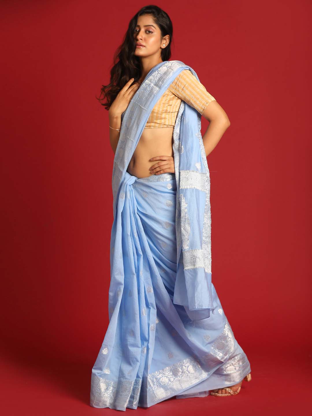 Indethnic Banarasi Blue Ethnic Motifs Woven Design Festive Wear Saree - View 2
