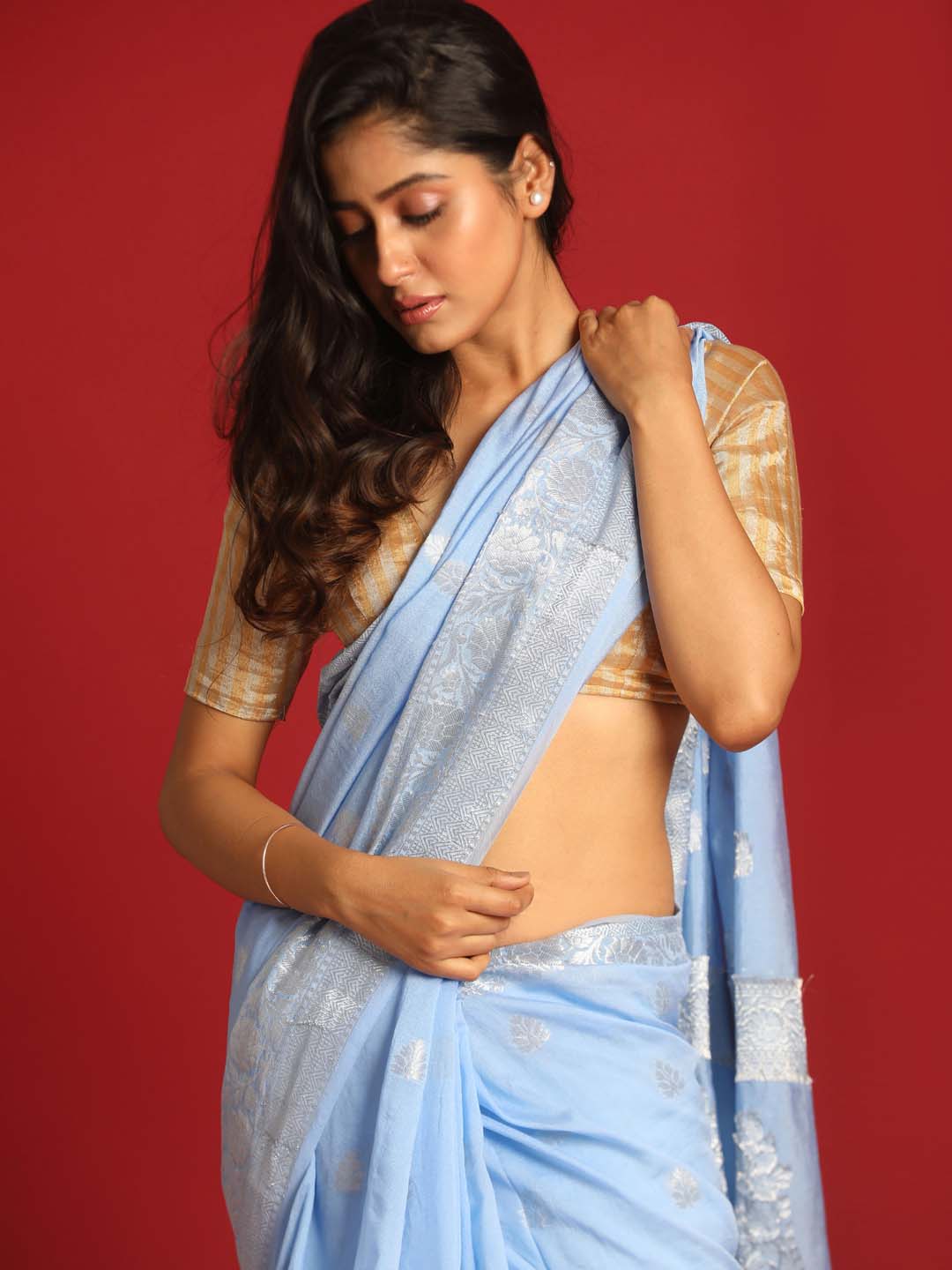 Indethnic Banarasi Blue Ethnic Motifs Woven Design Festive Wear Saree - View 3