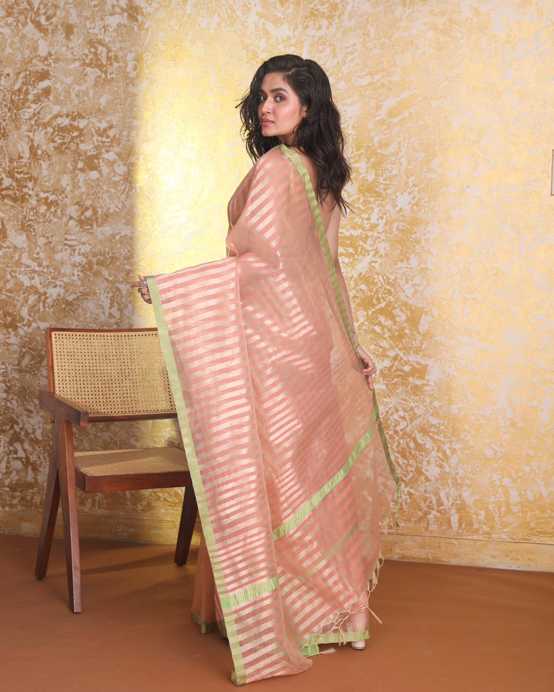 Banarasi Coral Striped Woven Design Festive Wear Saree