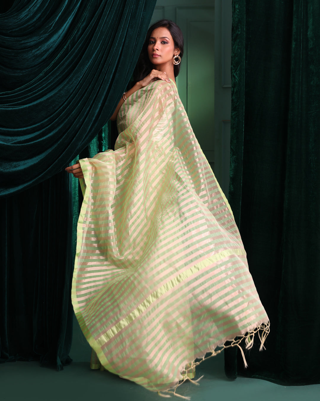 Banarasi Green Striped Woven Design Festive Wear Saree