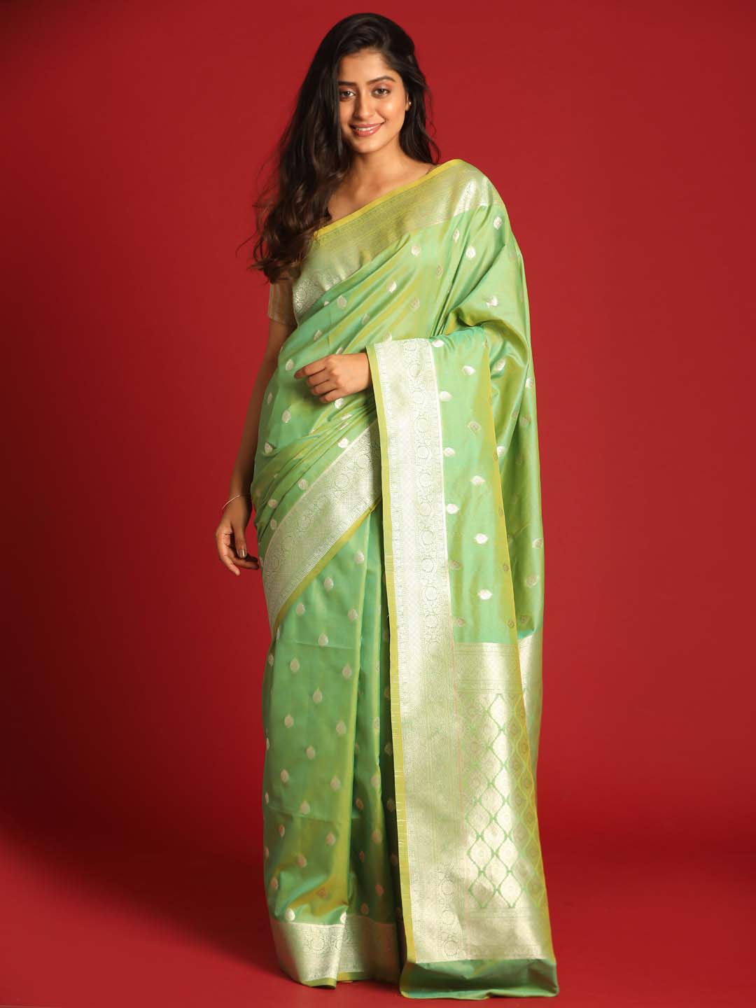 Indethnic Banarasi Green Ethnic Motifs Woven Design Festive Wear Saree - View 1