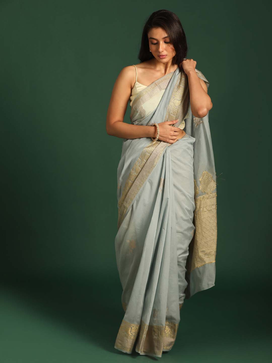 Indethnic Banarasi Grey Ethnic Motifs Woven Design Festive Wear Saree - View 1