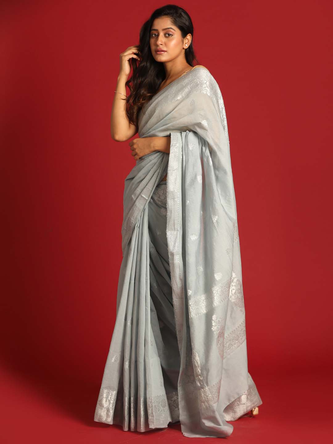 Indethnic Banarasi Grey Ethnic Motifs Woven Design Festive Wear Saree - View 2
