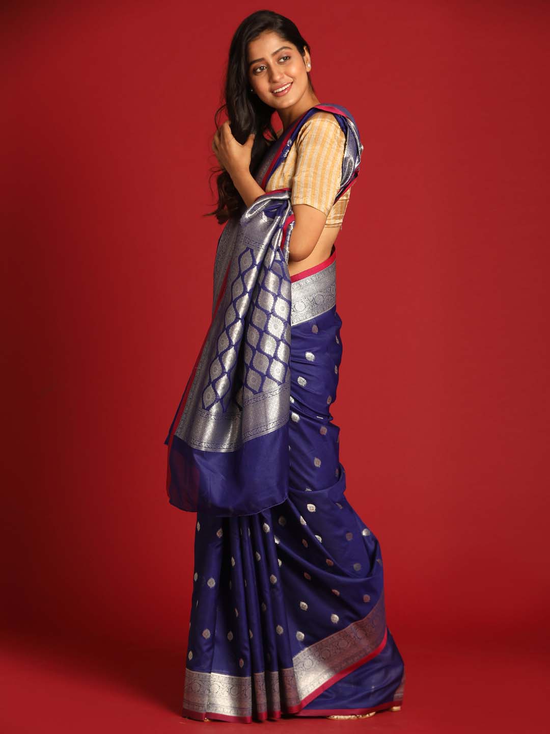 Indethnic Banarasi Navy Blue Ethnic Motifs Woven Design Festive Wear Saree - View 2