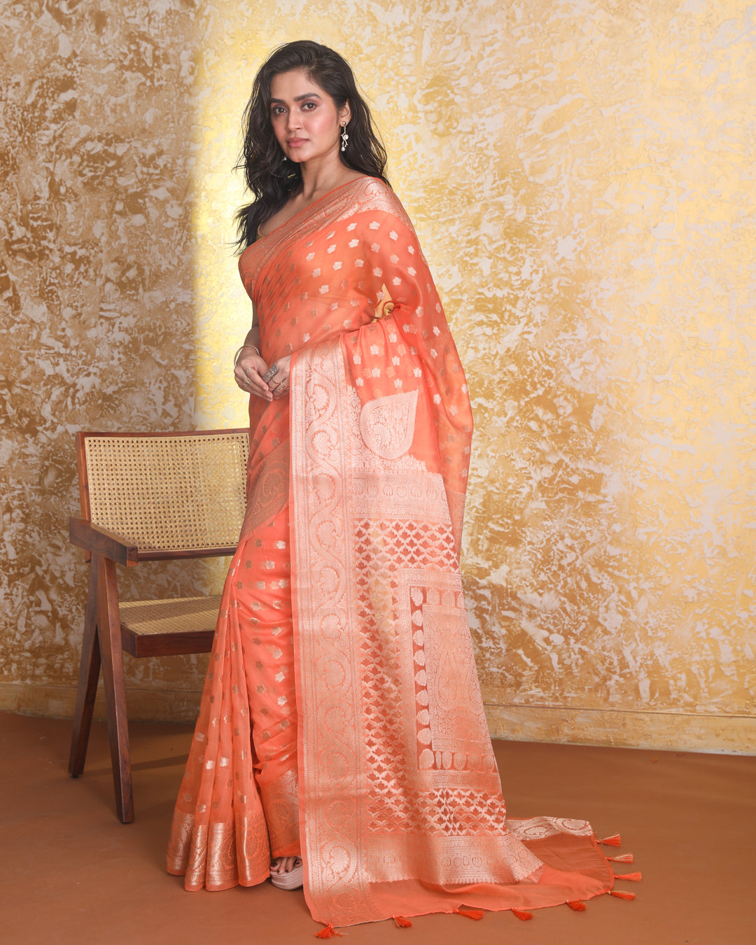 Banarasi Orange Ethnic Motifs Woven Design Festive Wear Saree