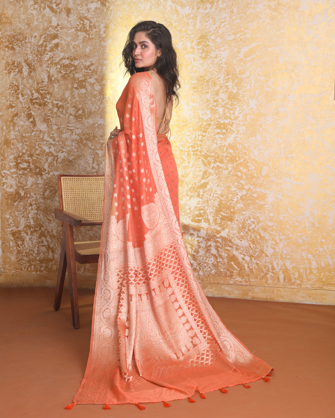 Banarasi Orange Ethnic Motifs Woven Design Festive Wear Saree