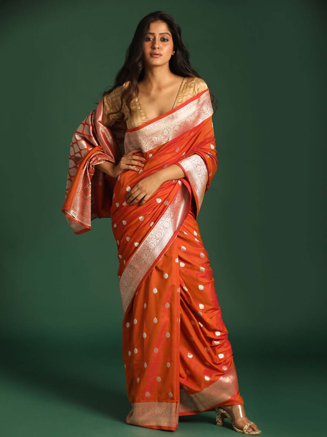 Indethnic Banarasi Orange Ethnic Motifs Woven Design Festive Wear Saree - View 1