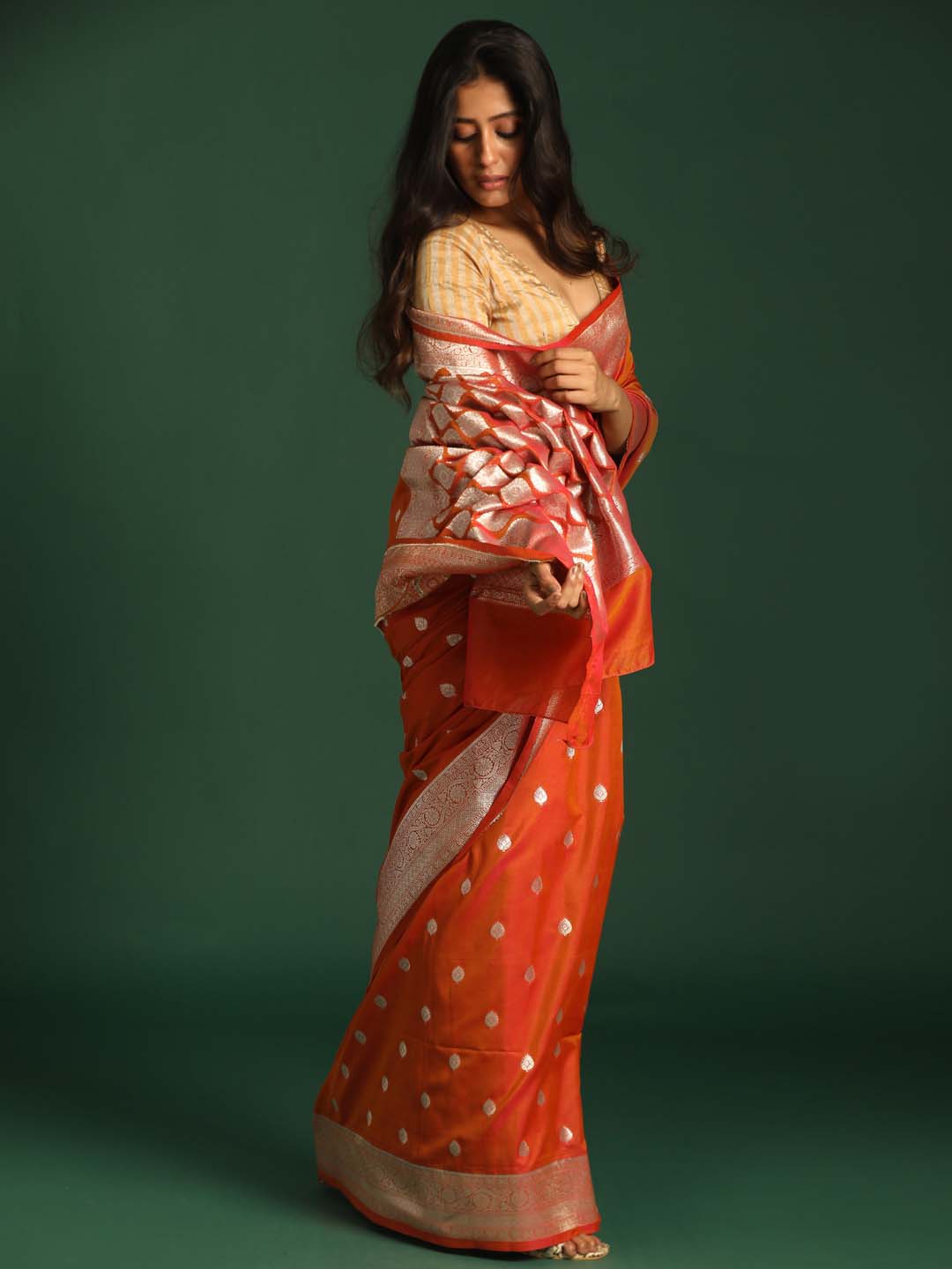Indethnic Banarasi Orange Ethnic Motifs Woven Design Festive Wear Saree - View 2