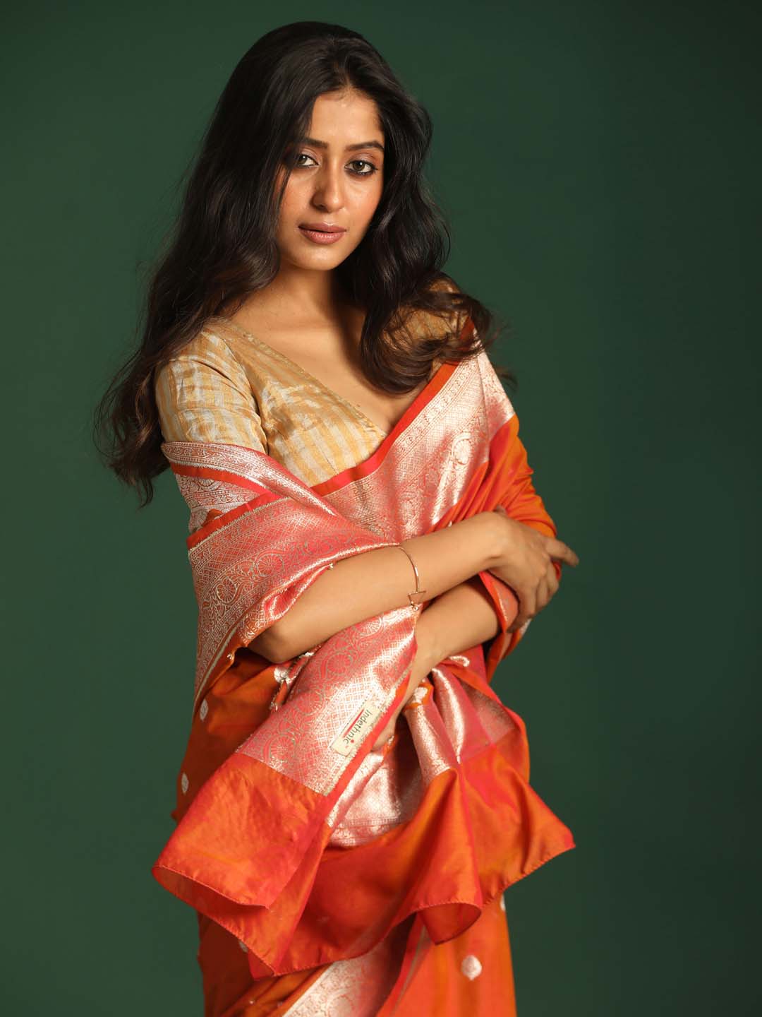 Indethnic Banarasi Orange Ethnic Motifs Woven Design Festive Wear Saree - View 3