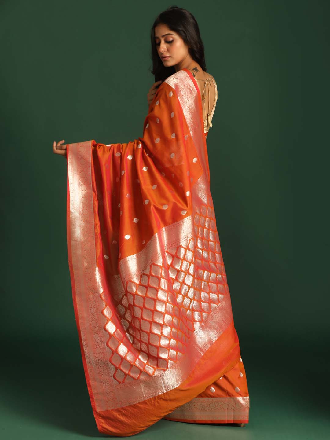 Indethnic Banarasi Orange Ethnic Motifs Woven Design Festive Wear Saree - View 3