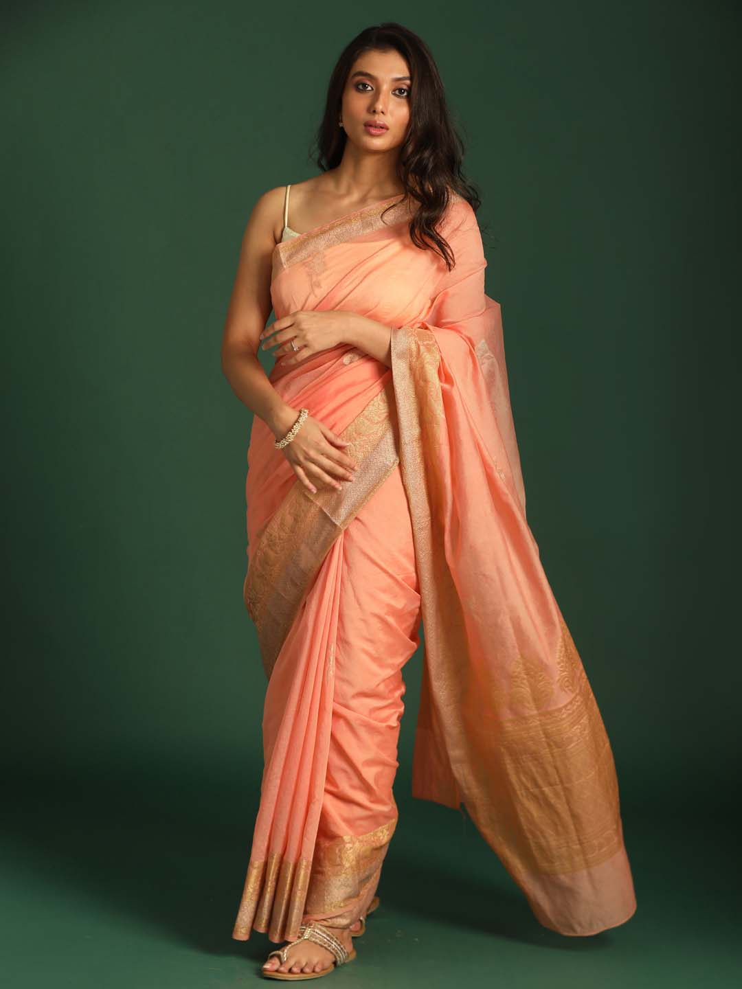 Indethnic Banarasi Peach Ethnic Motifs Woven Design Festive Wear Saree - View 1