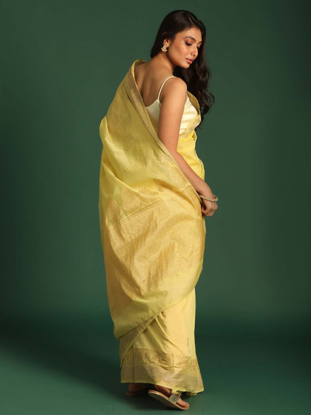 Indethnic Banarasi Yellow Ethnic Motifs Woven Design Festive Wear Saree - View 3