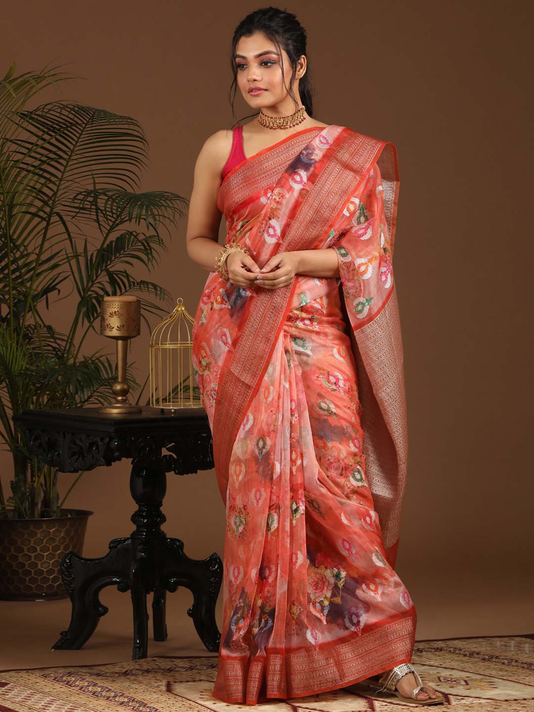 Indethnic Banarasi Red Abstract Printed Party Wear Saree - View 1