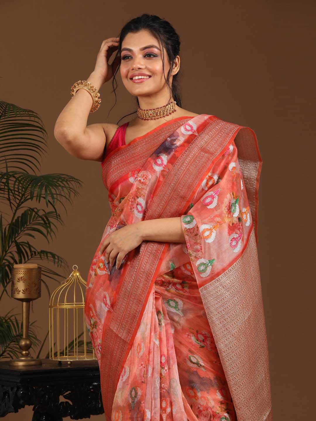 Indethnic Banarasi Red Abstract Printed Party Wear Saree - View 2