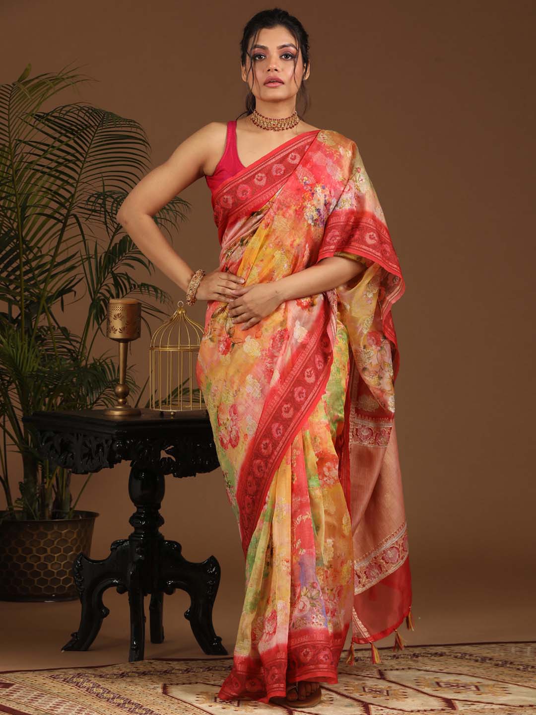 Indethnic Banarasi Red Abstract Printed Party Wear Saree - View 1