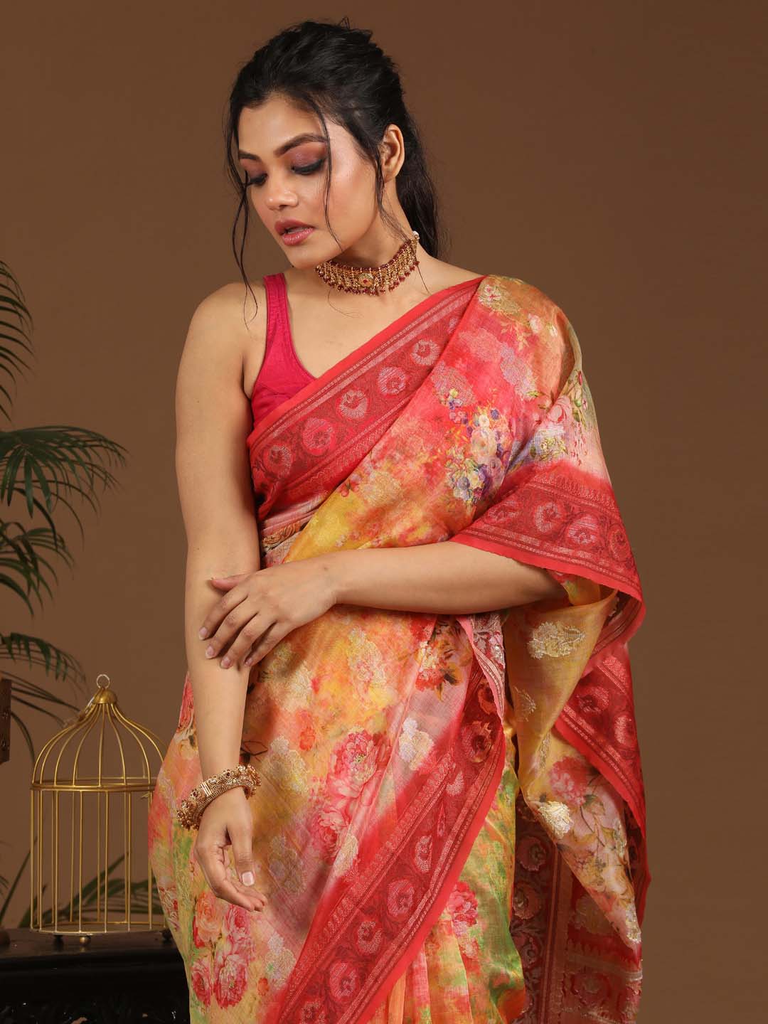 Indethnic Banarasi Red Abstract Printed Party Wear Saree - View 2