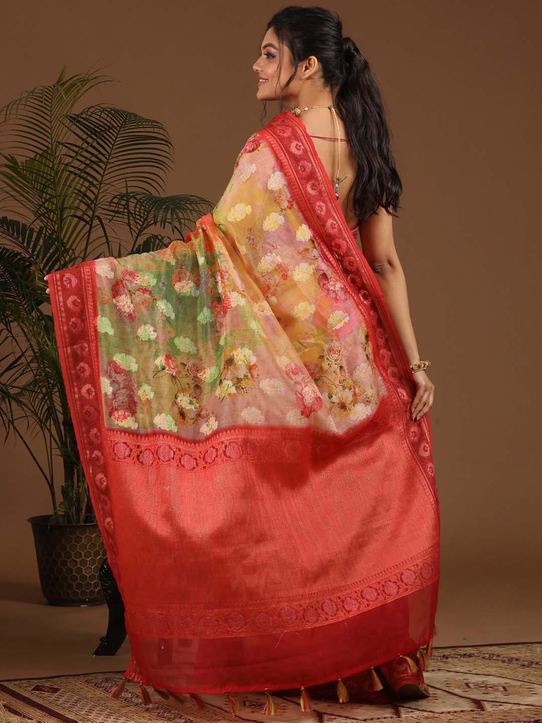 Indethnic Banarasi Red Abstract Printed Party Wear Saree - View 3