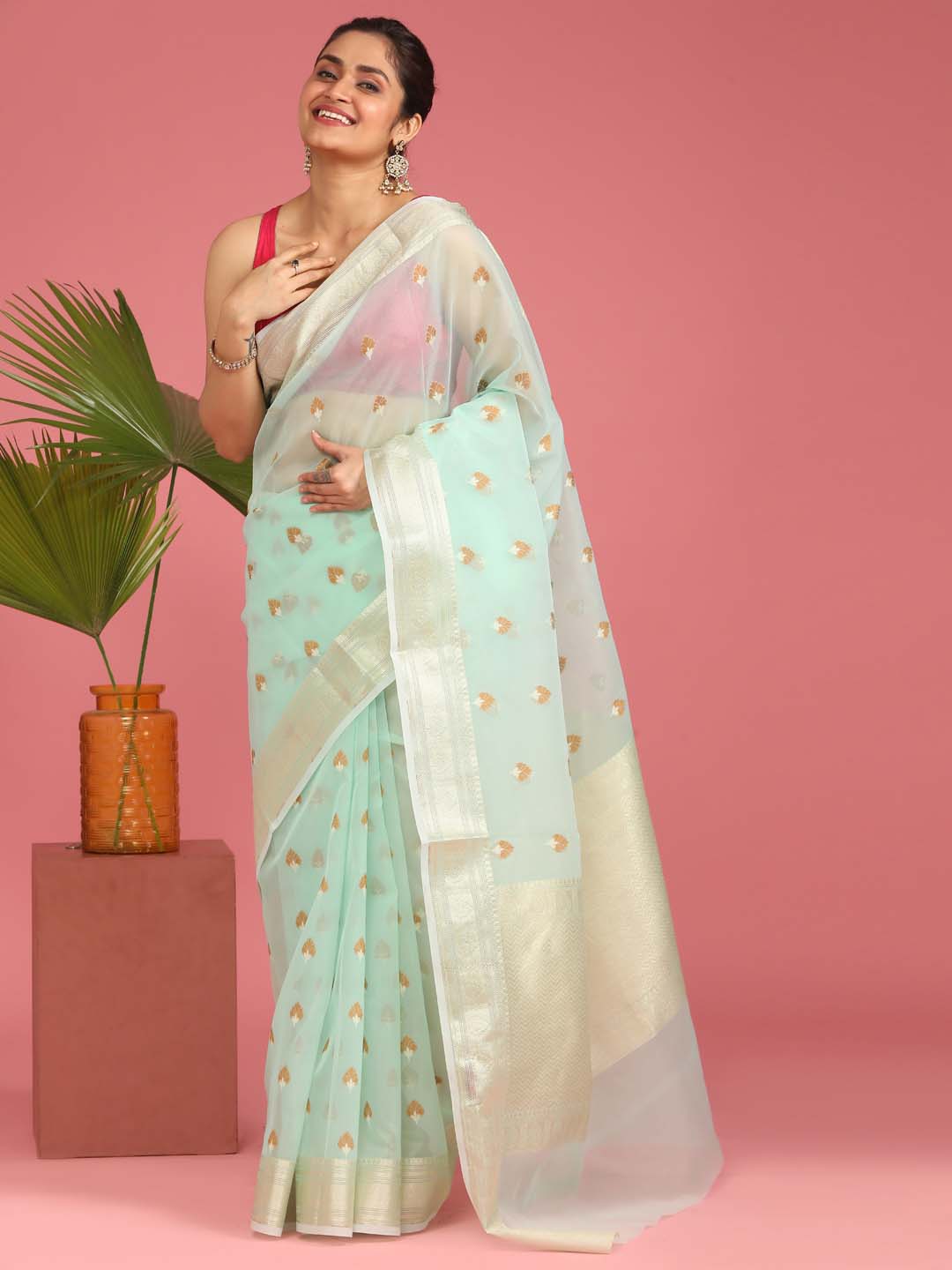 Indethnic Banarasi Blue Ethnic Motifs Woven Design Traditional Wear Saree - View 1