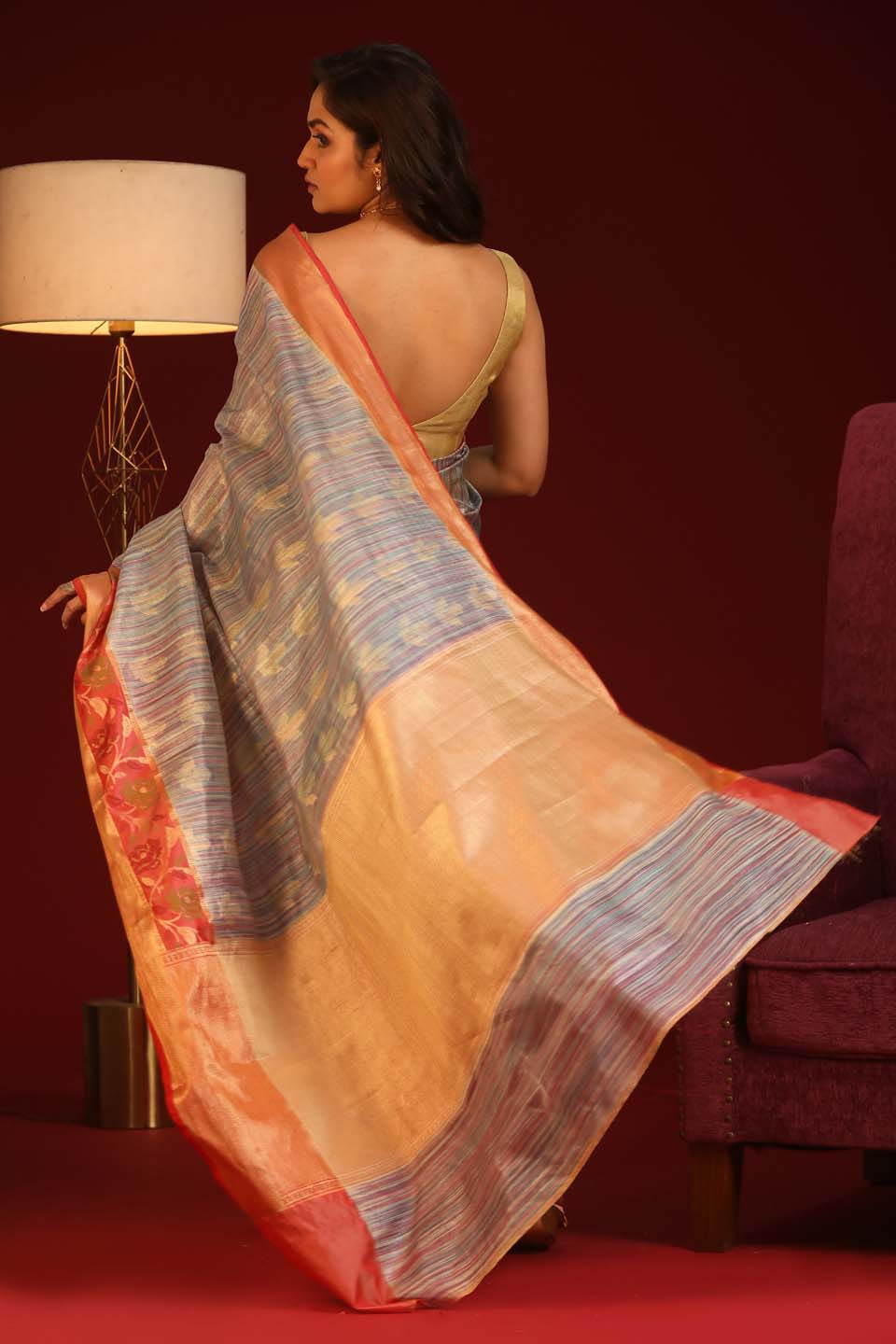 Indethnic Banarasi Blue Woven Design Printed Party Wear Saree - View 3